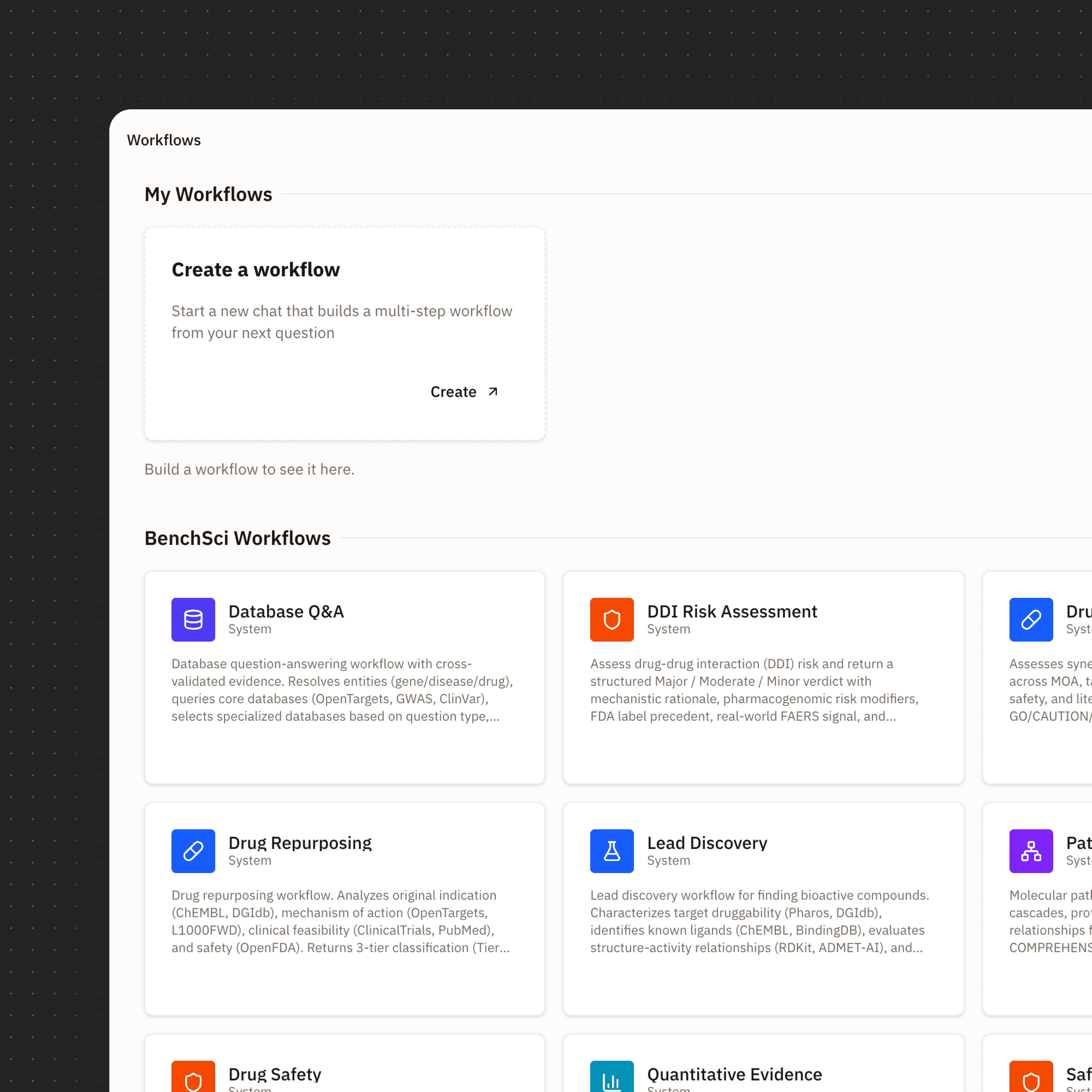 BenchSci pre-built scientific workflows catalog including DDI risk assessment, drug repurposing, lead discovery, and database Q&A.