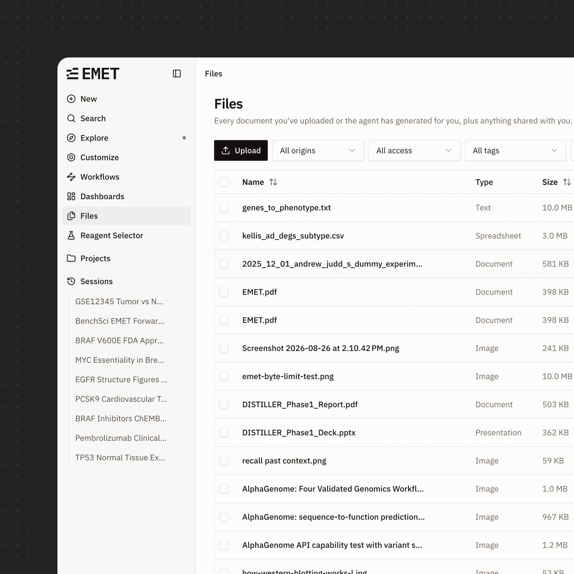 EMET files repository showing secure in-environment data access across internal scientific spreadsheets, sequencing datasets, and documents.