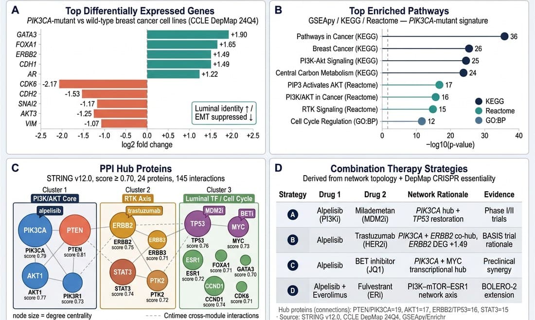 Pathway and network analysis output for disease biology and combination target selection.