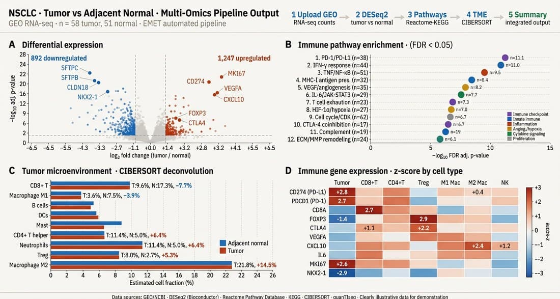 Multi-omics profiling output with DEG, pathway, and immune deconvolution summaries.