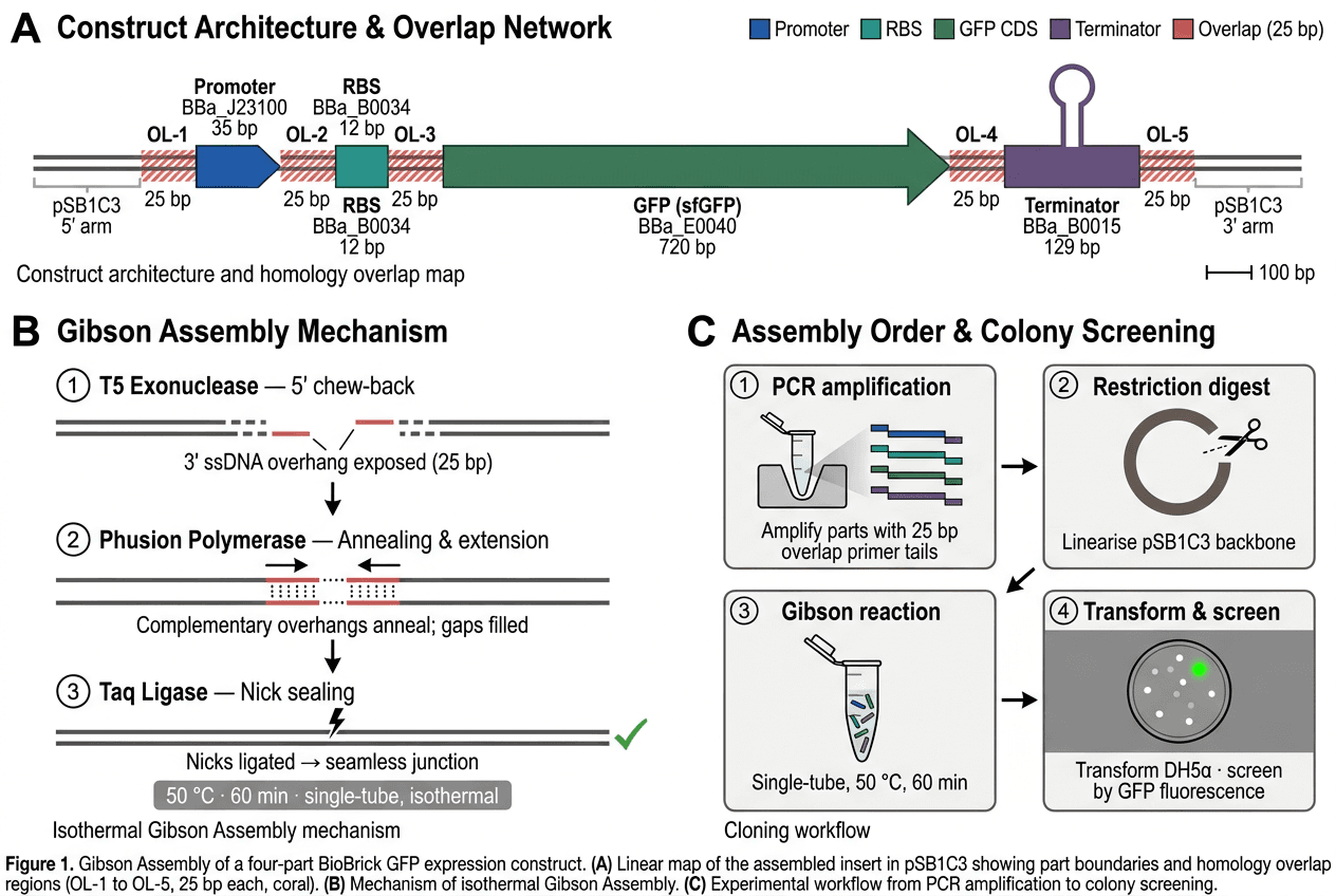 Plasmid and vector design output showing assembly order and overlap regions.