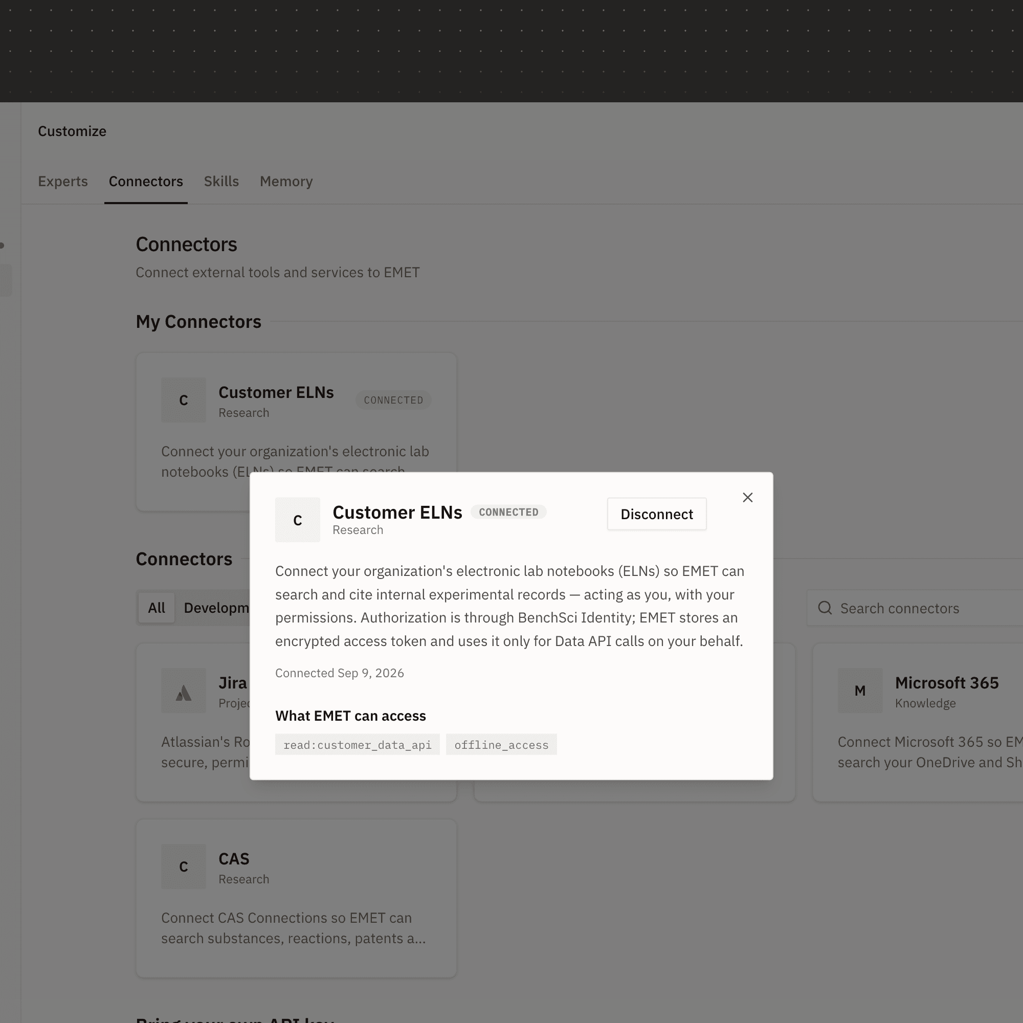 EMET connectors interface showing active Customer ELNs integration, permissions, and connected enterprise research tools.