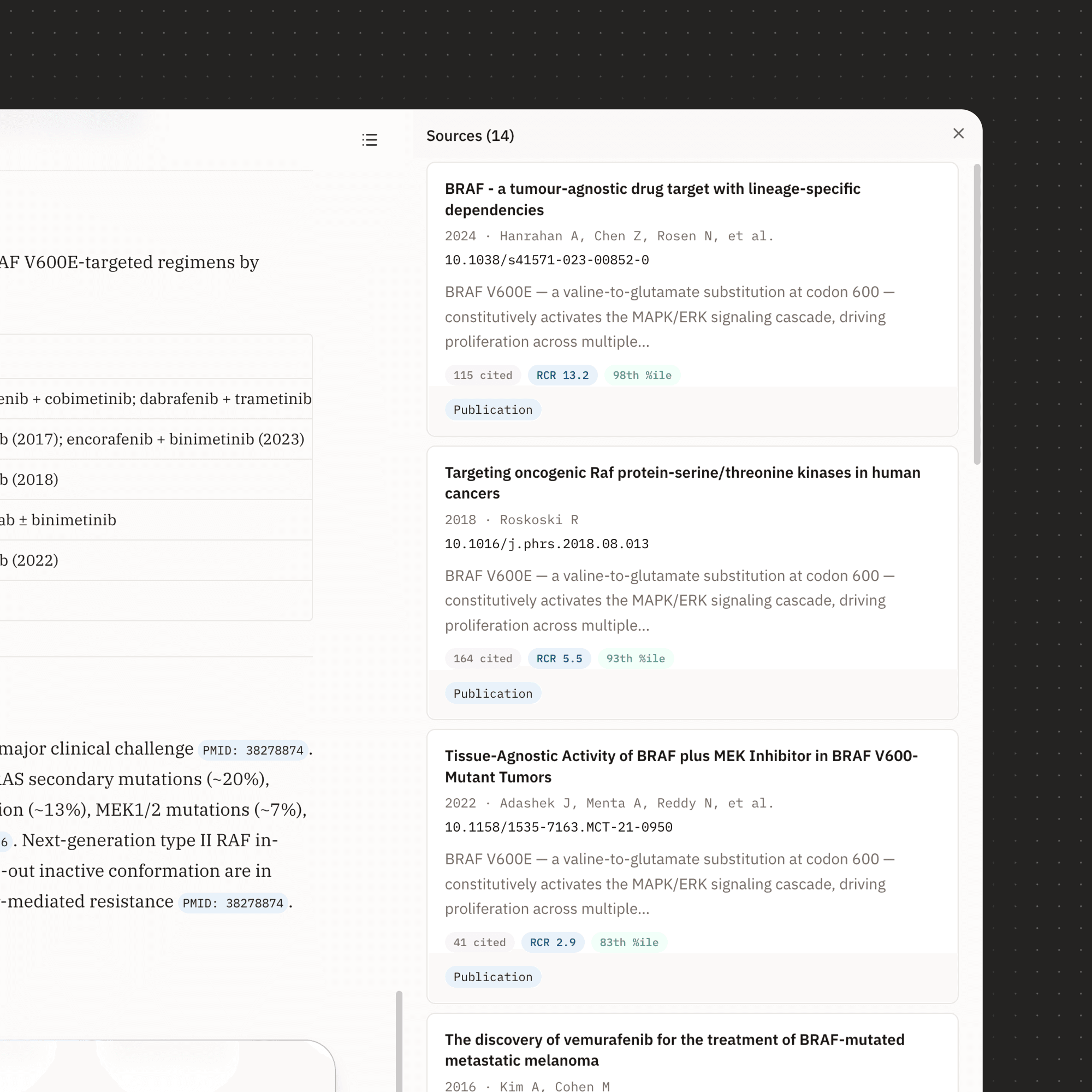 EMET structured sources feed listing literature evidence, citation counts, and Relative Citation Ratios.