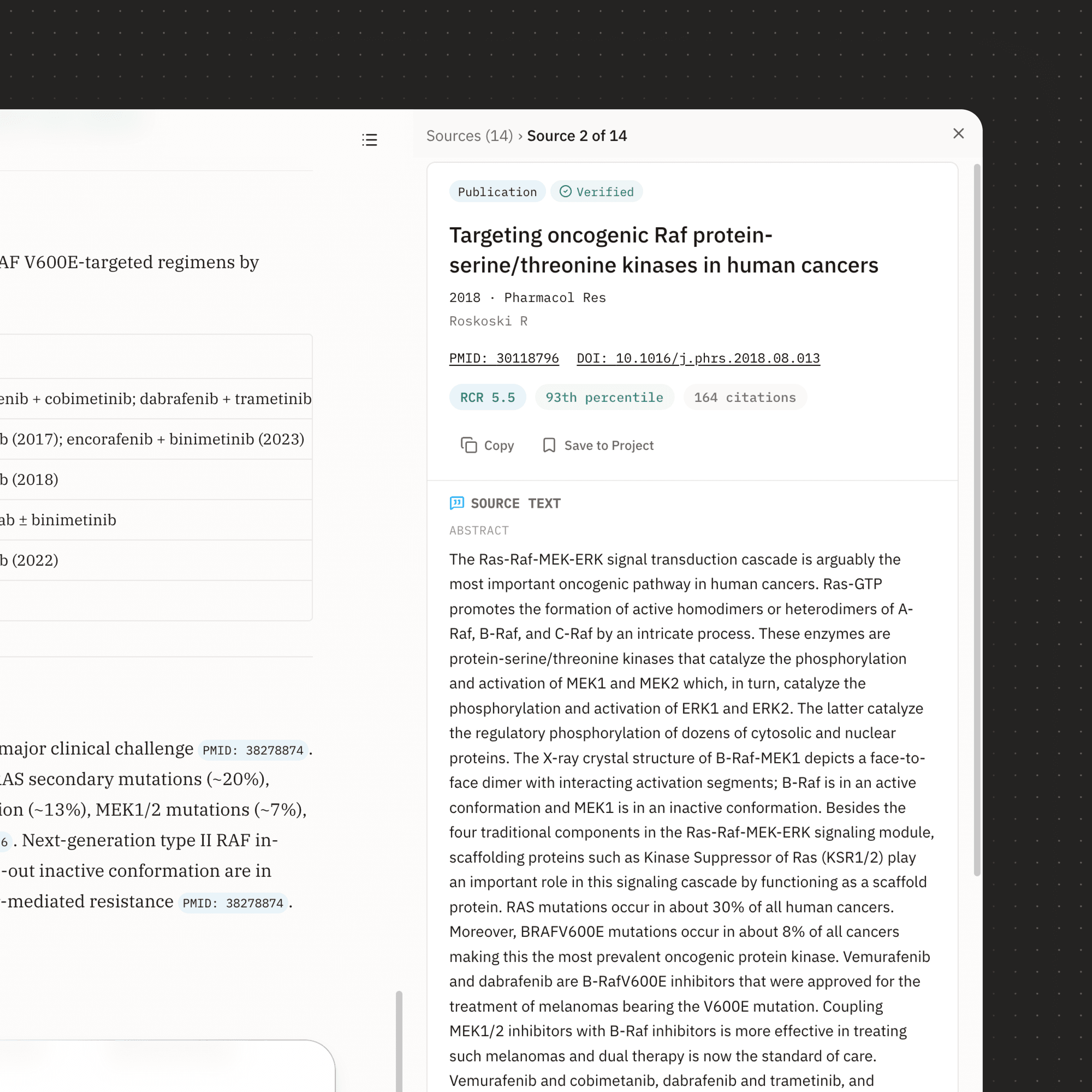 EMET verified source inspector showing DOI, PMID, citation metrics, and extracted source text.