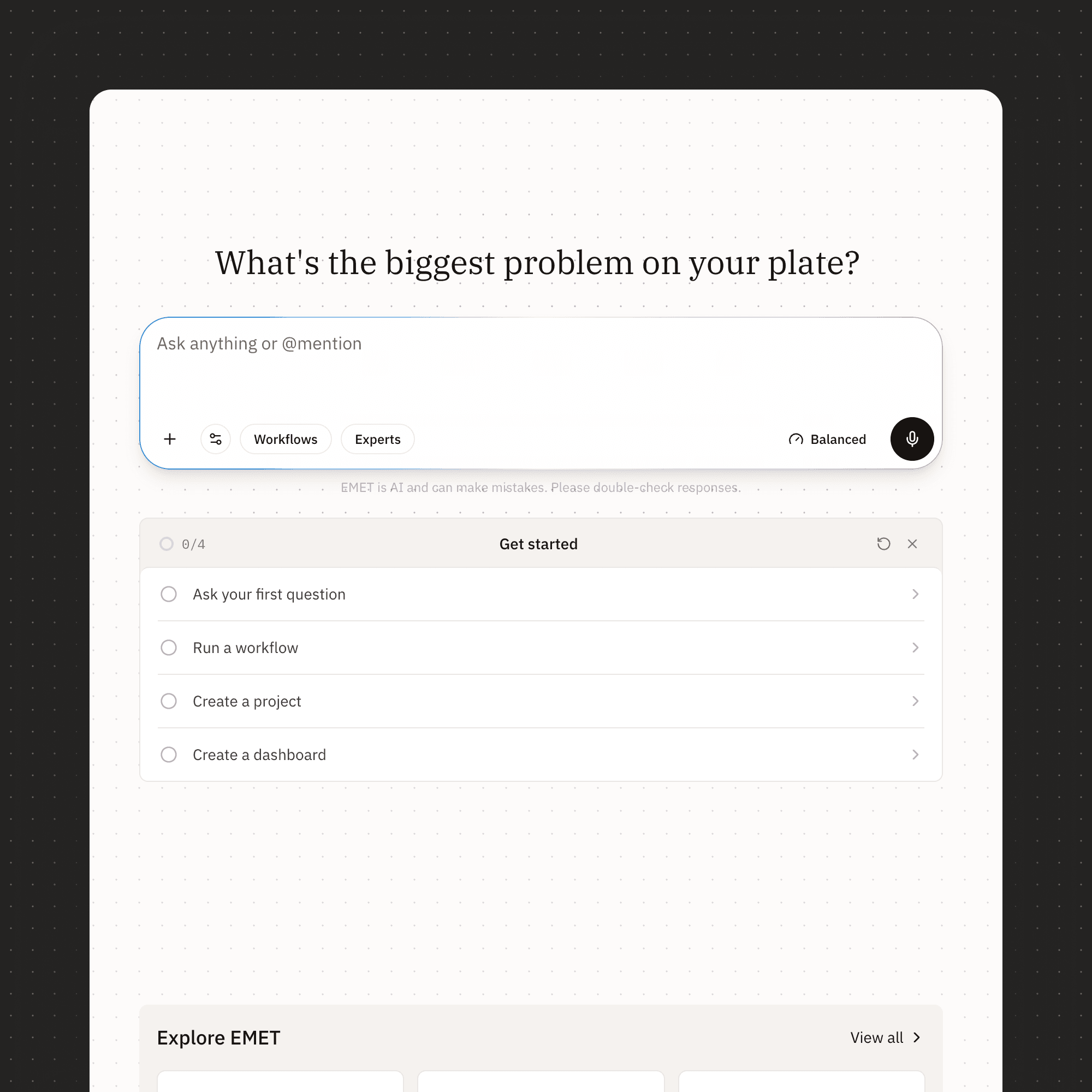 EMET conversational AI interface prompting scientific inquiry with workflows, experts, and research starter options.