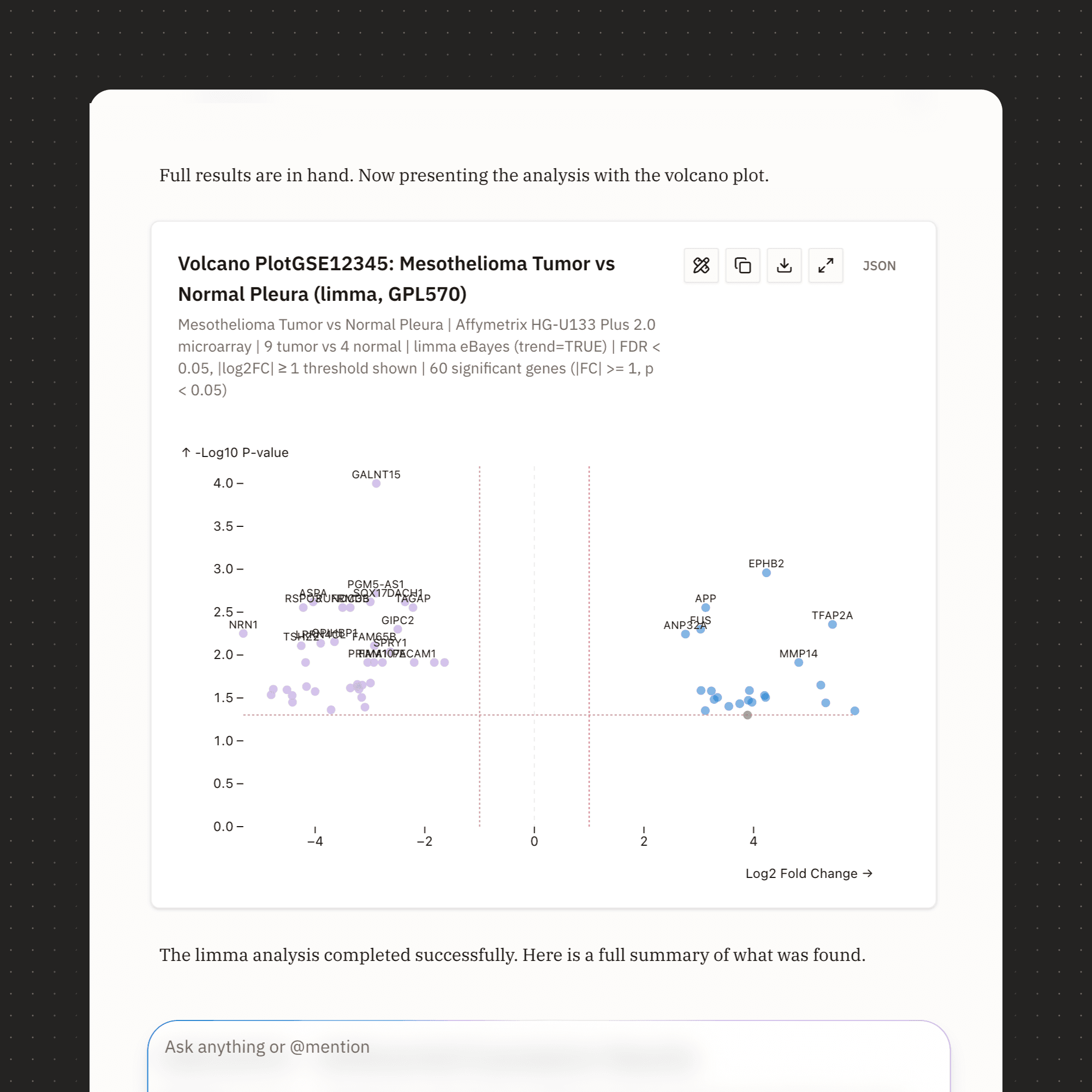 EMET interactive scientific visualization showing differential expression volcano plot.
