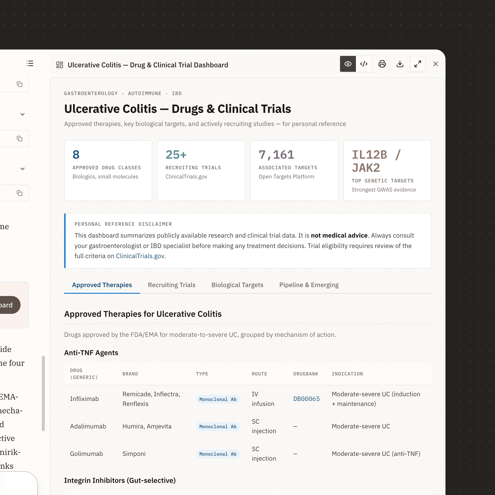 EMET clinical trial and target data analysis dashboard showing approved therapies and genetic evidence.