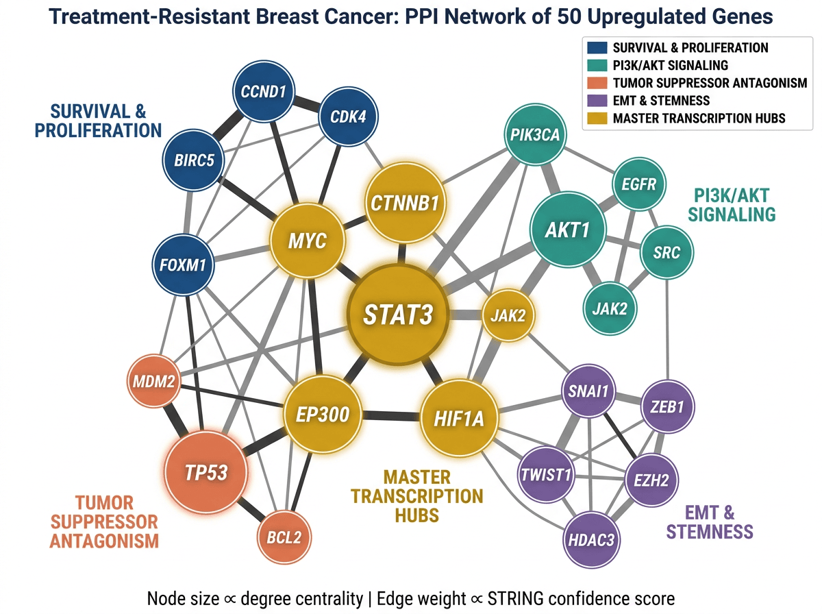 Pathway and network analysis output highlighting biological processes driving treatment resistance.